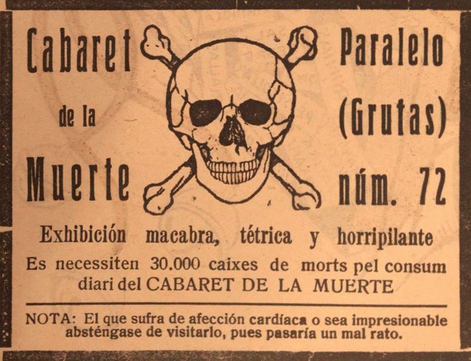 Anuncio del Cabaret de la Muerte de Barcelona publicado en La Campana de Gracia (noviembre y diciembre de 1925) y en La Esquella de la Torratxa (enero de 1926)