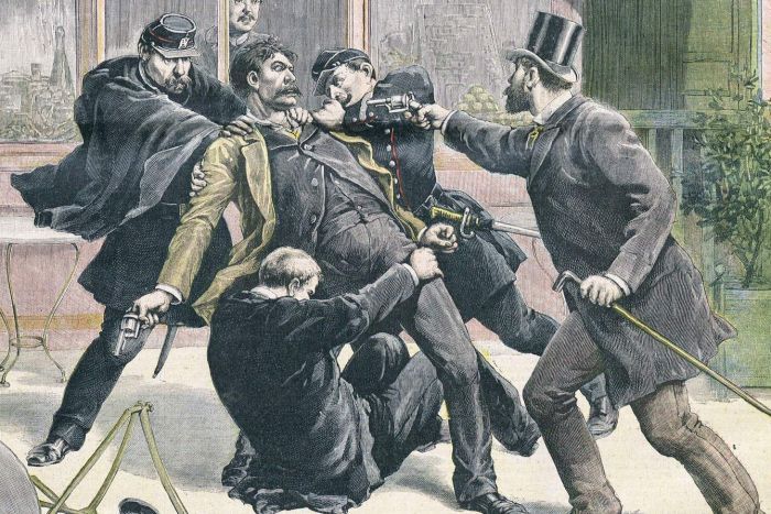 Ilustración que muestra la detención del anarquista Ravachol (1891)
