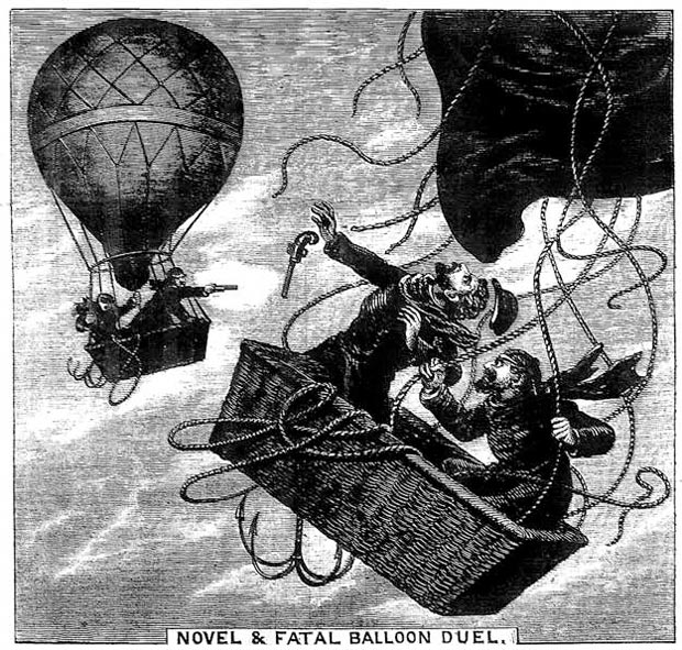 Otra ilustración del momento fatal. El globo de Le Pique, junto a su ayudante, es alcanzado