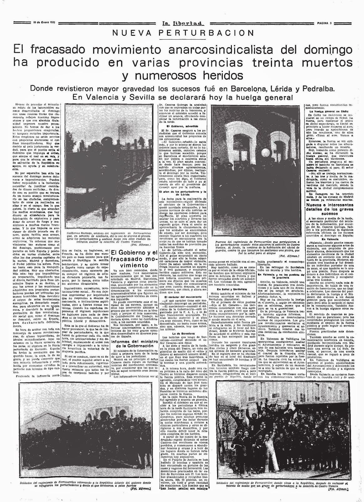 Noticia sobre el fracaso insurreccional. La Libertad (10 de enero de 1933)