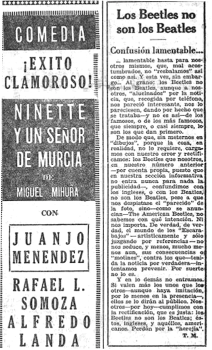 La Hoja del Lunes , del 14 de septiembre, se hace eco de la confusión respecto a los verdaderos The Beatles