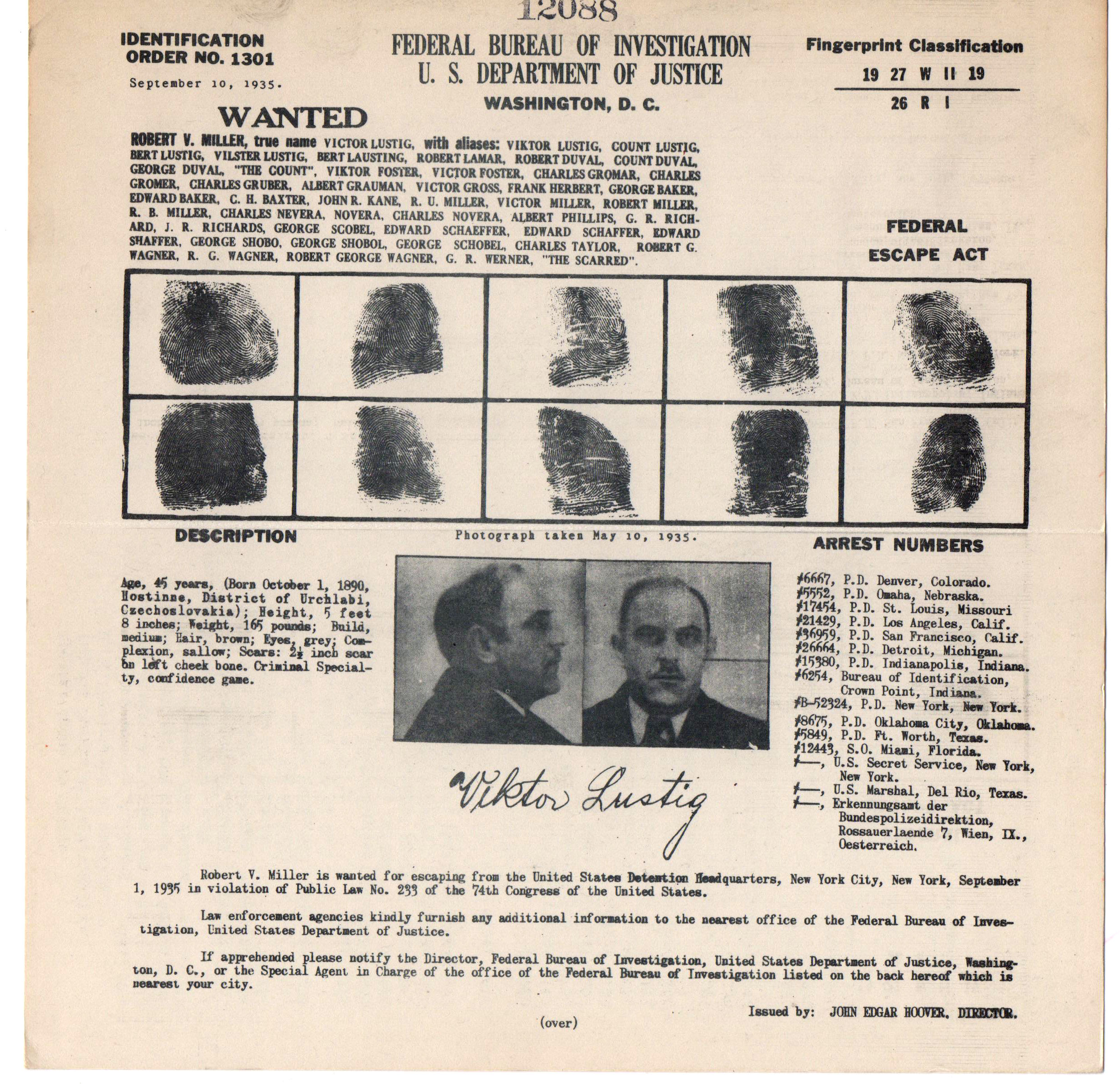 Ficha del FBI de Victor Lustig