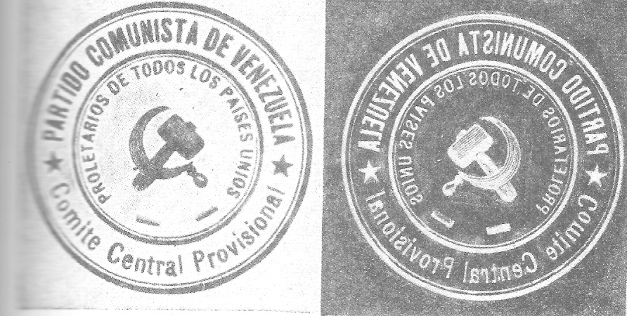 Sello del Partido Comunista de Venezuela, traído de Colombia en 1931 por el norteamericano Joseph Kornfeder