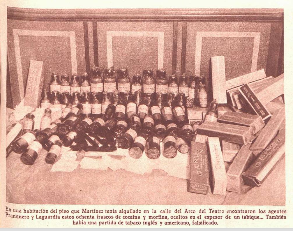 Sustancias requisadas. Frascos de cocaína y morfina ( Crónica , 27 de octubre de 1935)