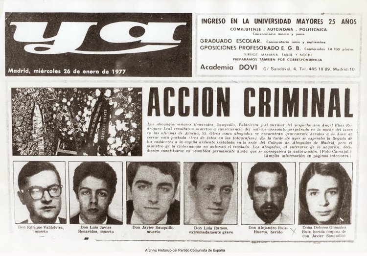 Portada del diario  Ya  tras los atentados de Atocha (26 de enero de 1977)