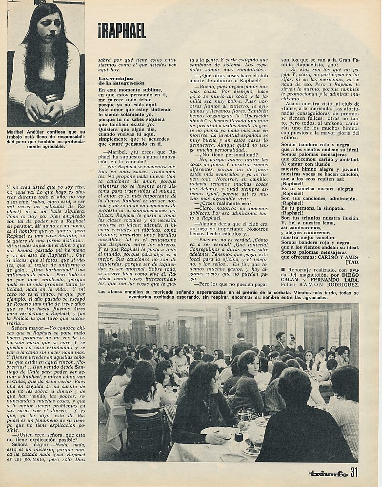 Maribel, arriba a la izquierda. Abajo, reunión de las raphaelistas ( Triunfo , abril de 1971)