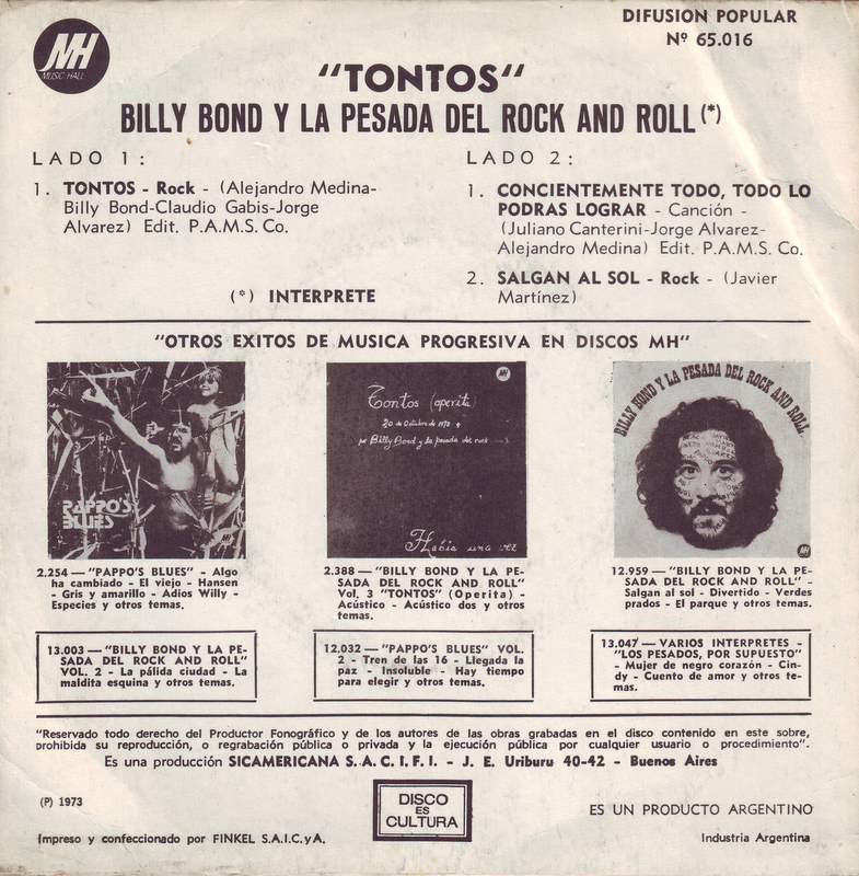 Single «Tontos» de Billy Bond y la Pesada del Rock and Roll (1973)