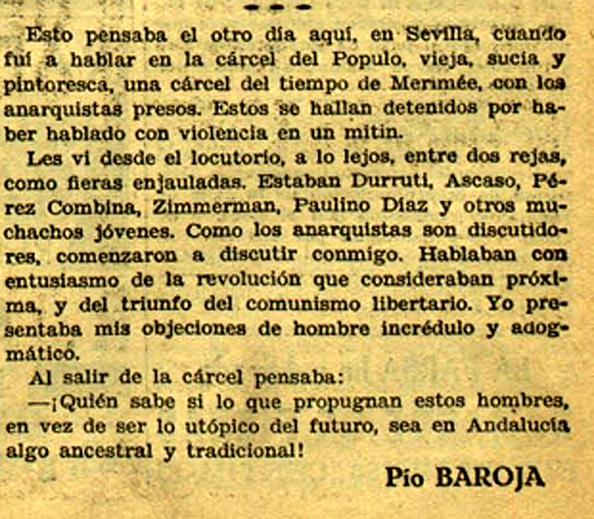 Baroja y su encuentro con Durruti en Ahora (23 de abril de 1933)