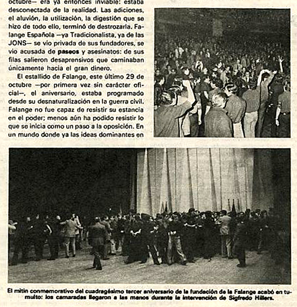 Algunas escenas de los incidentes. Golpes y cordones de seguridad entre falangistas. Revista Triunfo