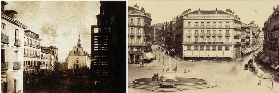 Fuente: bdh-rd.bne.es (Jean Laurent). Izquierda: Antigua Puerta del Sol con la iglesia del Buen Suceso (1854). Derecha: Puerta del Sol con la nueva Casa de Fontanella (1870) con el café Imperial y el Grand Hotel de París.