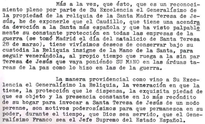 Carta del obispo de Málaga a Franco en la que le solicitaba la devolución de la reliquia