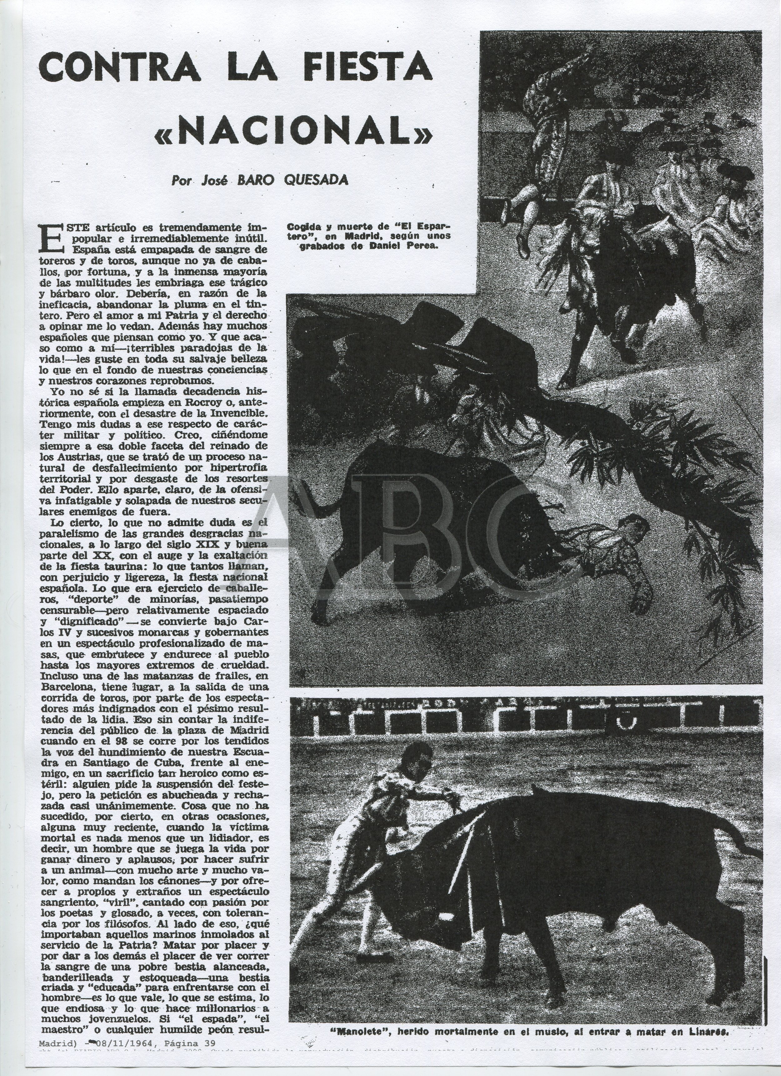 «Contra la Fiesta "Nacional"». El artículo de la polémica ( ABC , 8 de noviembre de 1964)