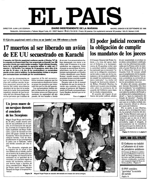 Portada de El País dedicada al asesinato. Puede verse la imagen del cuerpo de Miguel Ángel siendo sacado del estadio