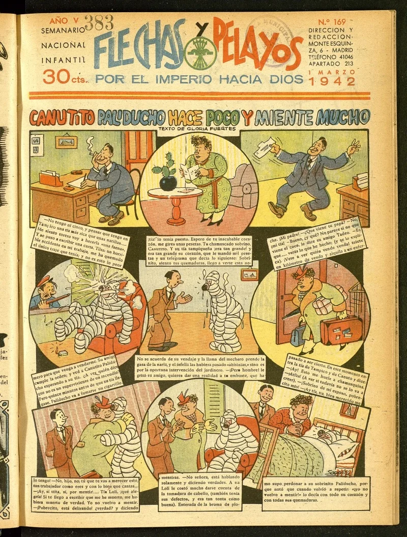 Historieta de Gloria Fuertes en la portada de Flechas y Pelayos