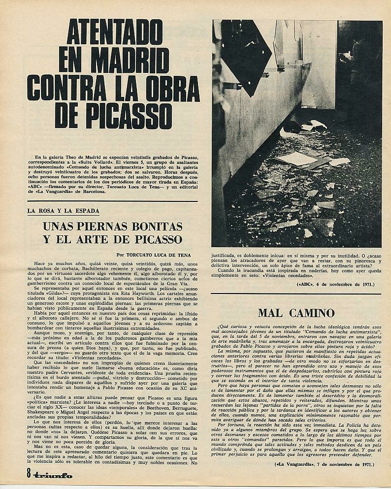 La noticia publicada en la revista Triunfo . Arriba, a la derecha, estado en el que quedaron algunos de sus cuadros