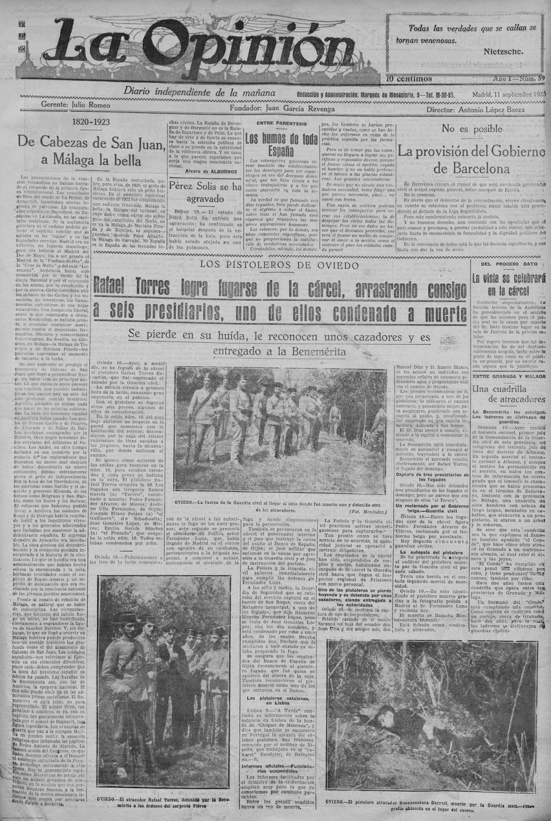 Portada de La Opinión (11 de septiembre de 1923). Abajo, a la derecha, noticia e imagen de la «muerte» de Durruti
