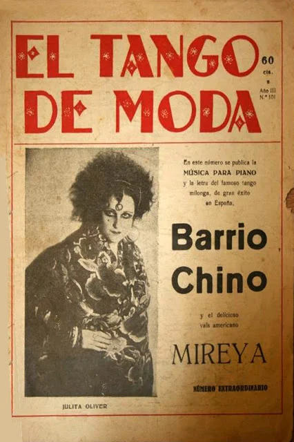 Julita Oliver, portada de El tango de moda, con su impactante imagen noir