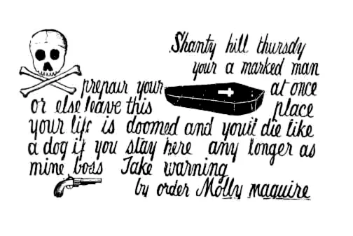 Ilustración de los Molly Maguires junto a una de sus notas amenazadoras