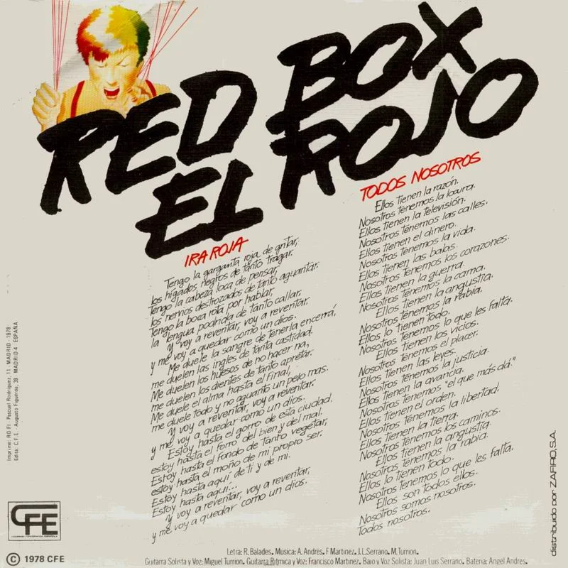 Portada y contraportada con las letras del single «Ira Roja» de Red Box (Chapa Discos, 1978)