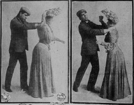 Viñetas que muestran la autodefensa con alfileres (San Francisco Sunday Call, 1904)