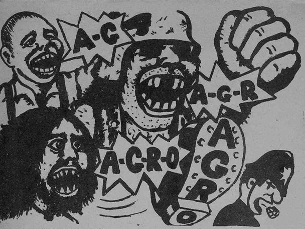 Viñeta de un cómic obra de King Mob. Skinheads, hippies y motoristas unidos contra la policía. Publicada en Agro en diciembre de 1969