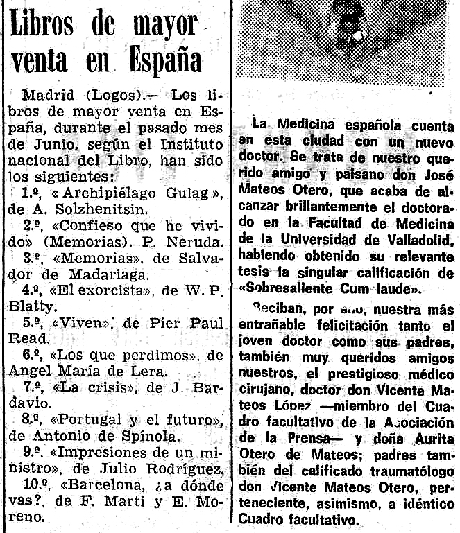 El exorcista ocupa el cuarto puesto de libros más vendidos en España ( Diario de Burgos , julio de 1974)