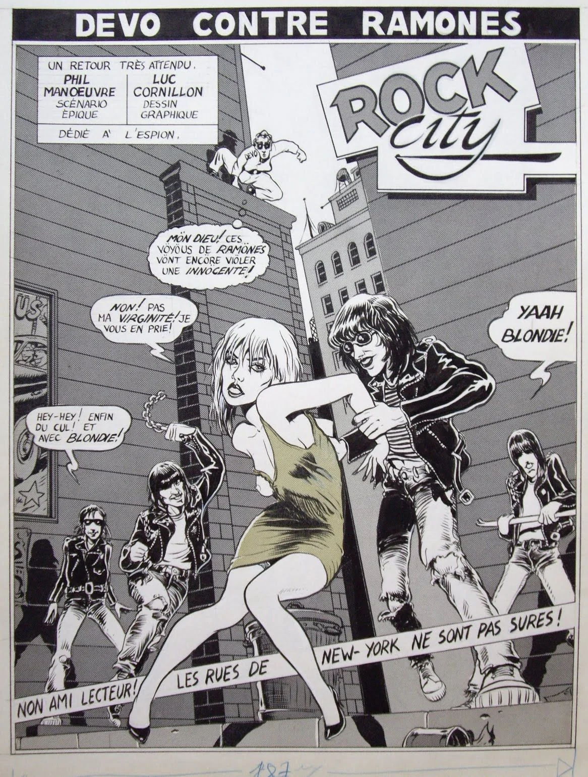 Versión francesa del cómic de Luc Cornillon, Devo contre Ramones («Especial Rock», número 45, el 39 de la edición inglesa, de Métal Hurlant, 10 octubre de 1979)