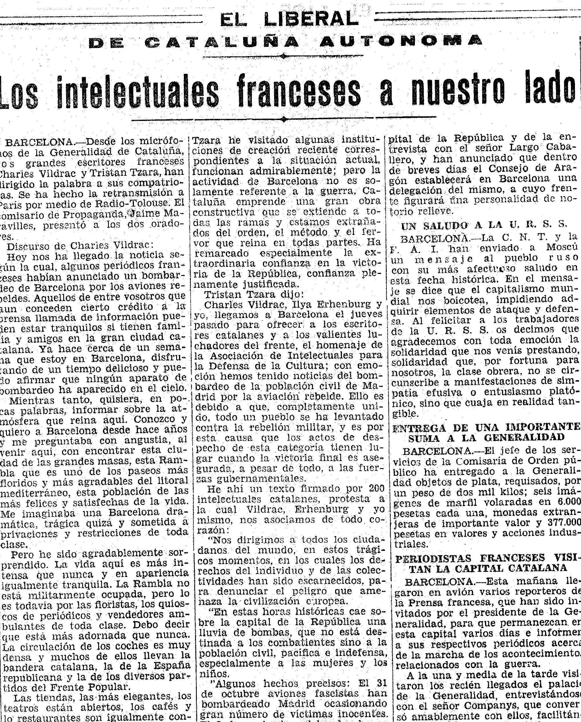 Tzara y otros intelectuales extranjeros con la causa antifascista ( El Liberal , 8 de noviembre de 1936)