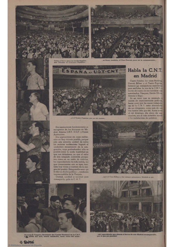 Varios cines madrileños colectivizados. Arriba, a la derecha, imagen de un abarrotado cine Durruti ( Umbral , marzo de 1937)