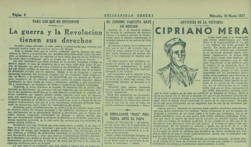 Noticia del mitin de Cipriano Mera en el cine Durruti ( Solidaridad Obrera , 24 de marzo de 1937)