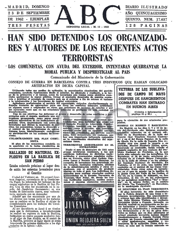 ABC informando de la detención de los supuestos autores de la campaña de atentados (23 de septiembre de 1962)