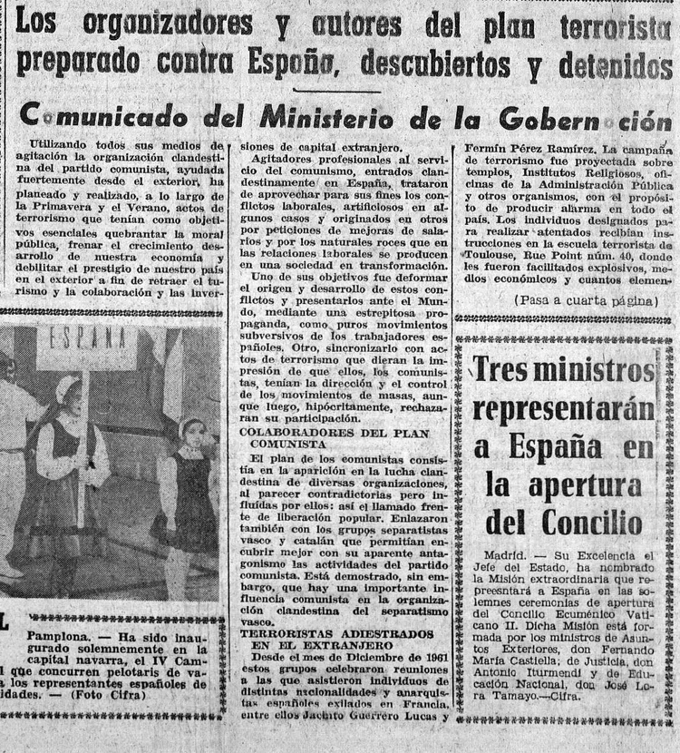 Noticia publicada en el Diario de Burgos (23 de septiembre de 1962) sobre la detención de los «terroristas»
