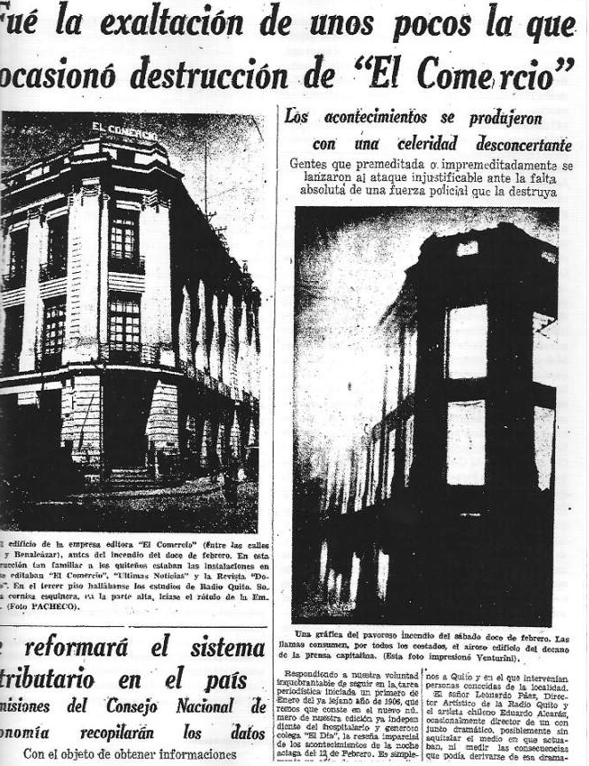 La noticia del incendio de la emisora en la prensa ecuatoriana
