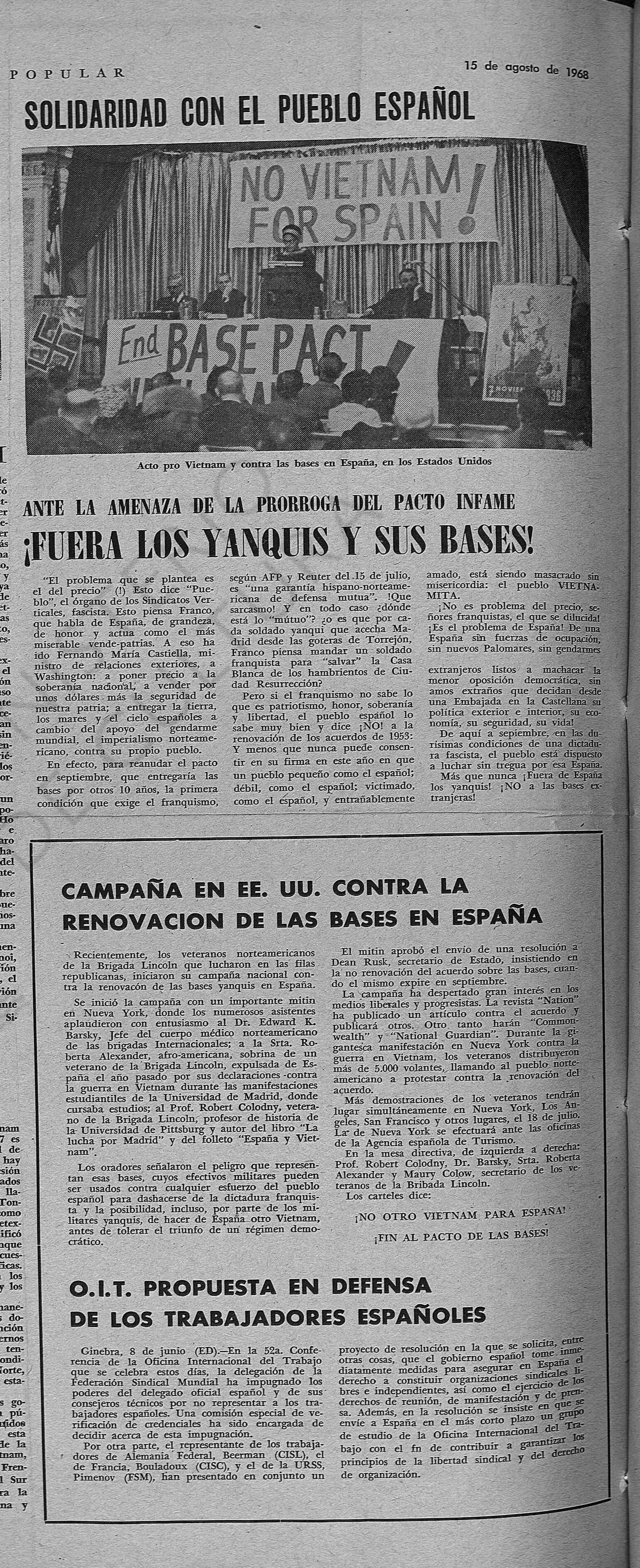 Roberta pronuncia un discurso en un acto celebrado en Estados Unidos, tras su regreso de Madrid, contra la guerra de Vietnam y las bases estadounidenses en España ( España Popular , 15 de agosto de 1968)