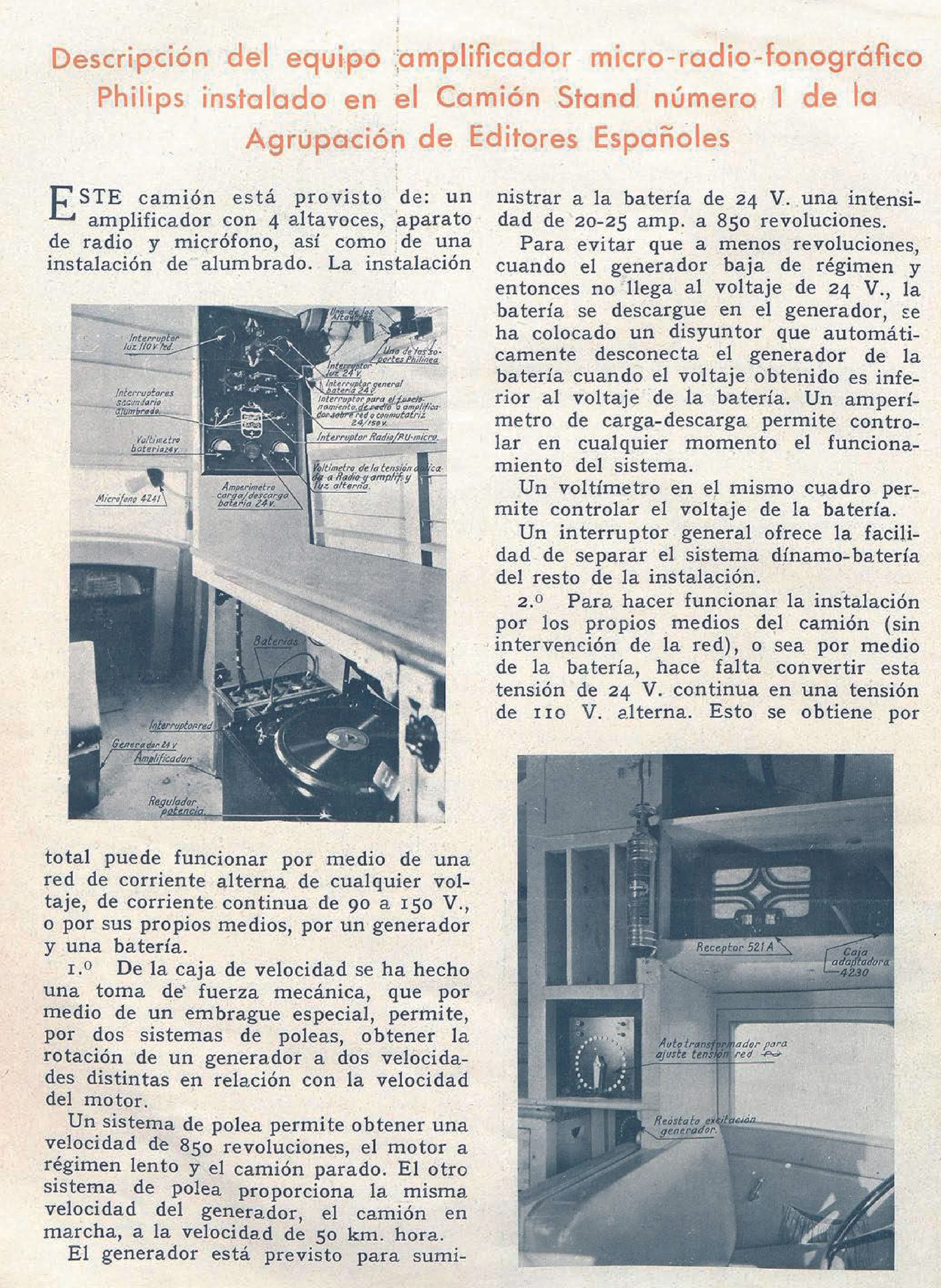 Espectacular interior del camión-stand en el número 37 de Radio y Luz (enero de 1935)