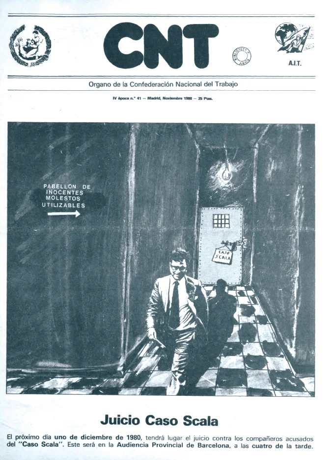 Portada del periódico de CNT de noviembre de 1980 dedicado al caso Scala