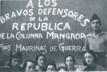 Pancarta realizada por mujeres madrileñas en honor de los combatientes de la Columna Mangada ( Estampa , 5 de septiembre de 1936)
