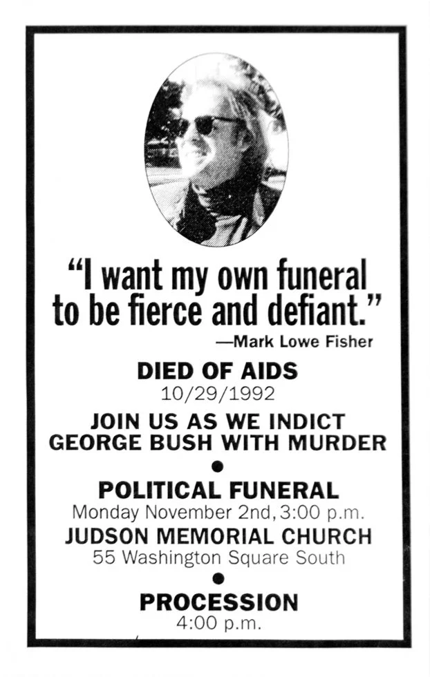 Cartel del funeral político de Mark Fisher. Act Up Memorial Flyer (Judson Memorial Church)