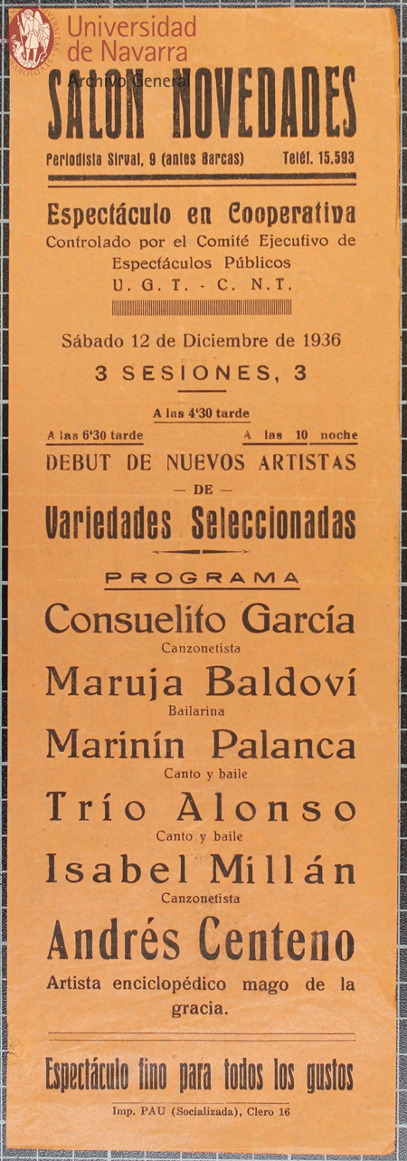 Pasquín con el programa del Salón Novedades. Espectáculo en Cooperativa, controlado por el Comité Ejecutivo de Espectáculos Públicos, U.G.T.-C.N.T. Universidad de Navarra