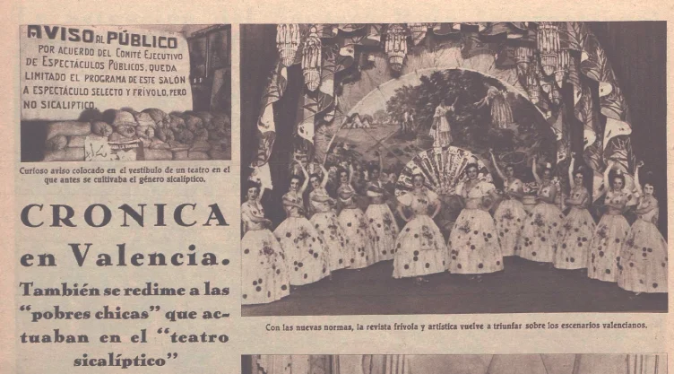 A la izquierda, en lo alto, cartel prohibiendo el género sicalíptico (Crónica, 13 de diciembre de 1936)