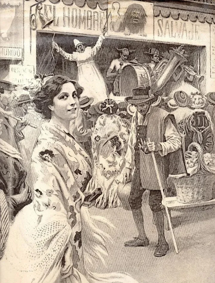 Ilustración de la fiesta de San Isidro (circa 1900). Al fondo puede verse una de las barracas con la atracción de El Hombre Salvaje