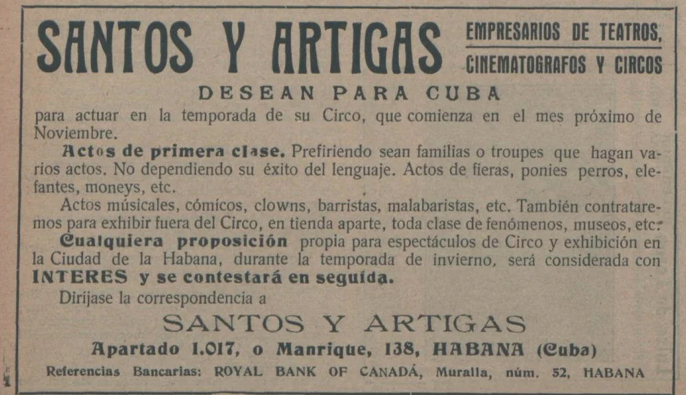 «Se buscan fenómenos» («También contrataremos para exhibir fuera del Circo, en tienda aparte, toda clase de fenómenos»). Anuncio publicado en la prensa española ( Eco Artístico , 15 de julio de 1916)