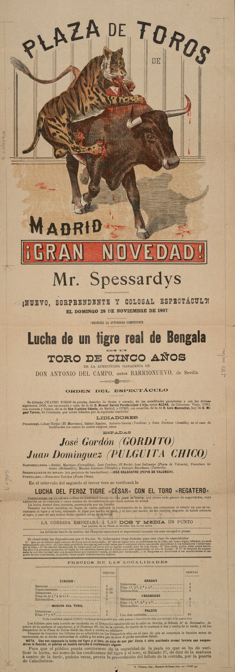 Cartel del combate celebrado en noviembre de 1897 entre un tigre y un toro en Madrid. Biblioteca Regional