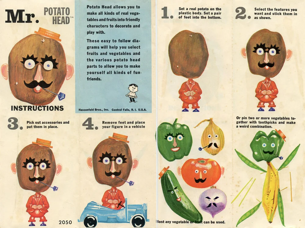 Instrucciones delos primeros modelos de Mr. Potato. El tubérculo no estaba incluido.