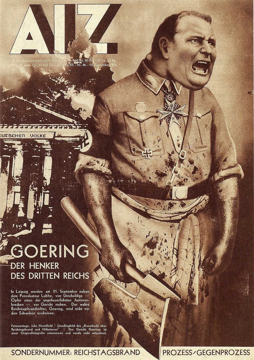 Portada de la revista AIZ con un fotomontaje de Heartfield en el que Hermann Göring aparece representado como un carnicero. (1933).