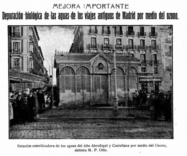 Inauguración de una depuradora de agua del Alto Abroñigal y Castellana. Al igual que ahora, se promocionaba el uso de ozono como desinfectante ( España Médica , 1911)
