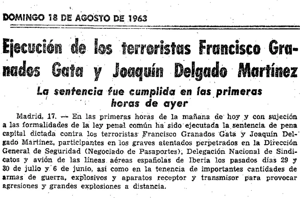 Noticia de  La Vanguardia  informando de la ejecución de Granado y Delgado.