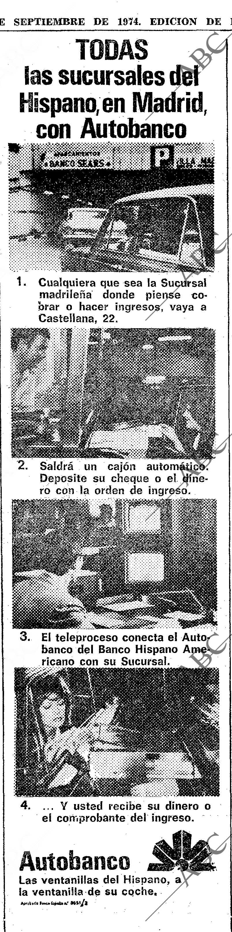 Publicidad en la que explica el funcionamiento del autobanco del Banco Hispano Americano.