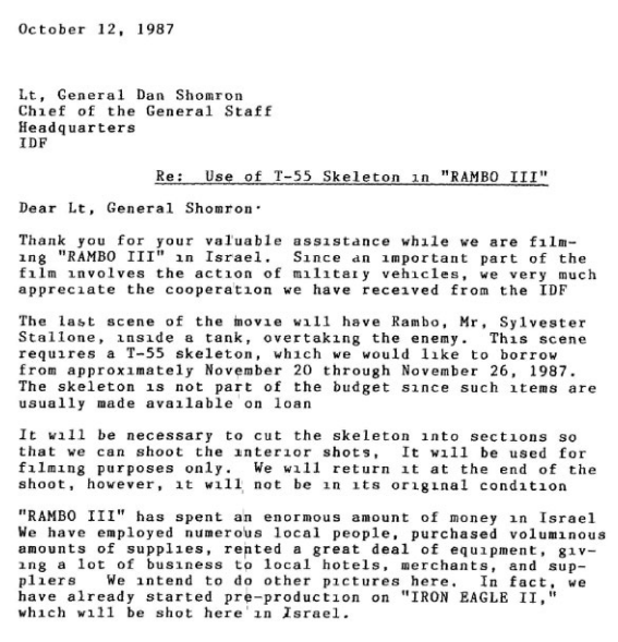 EXTRACTO DE UNA CARTA enviada desde Sunset Boulevard (Los Ángeles) al cuartel general de las Fuerzas armadas de Tel Aviv en 1987. Fuente: archivo militar de las FAI. Documento 2343\01, desclasificado en Marzo de 2018.