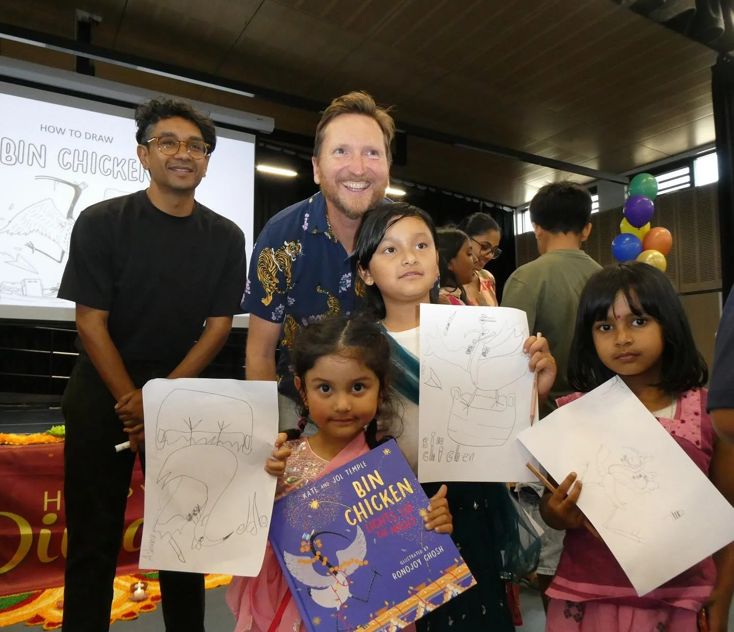 Last night Jol and @ronojoyghosh dropped in to Bardia Public School for their Diwali celebration! 🎉 Jol read the new Bin Chicken Lights Up the Night and Ronojoy took the kids on a drawing tutorial. So many fantastic decorated Bin Chickens to get the